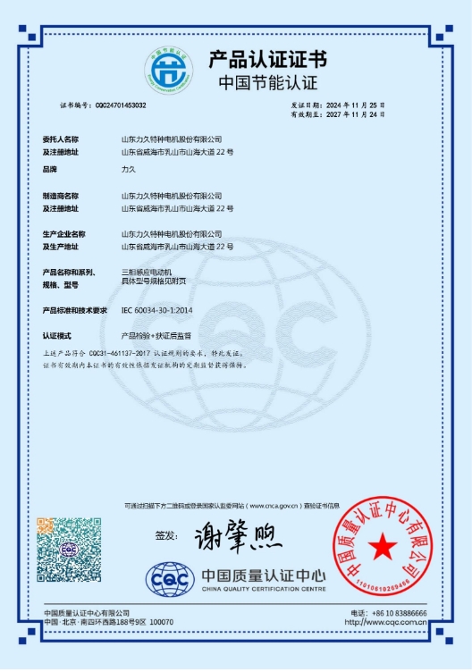 山東力久成功獲得電機IEC標(biāo)準(zhǔn)節(jié)能認證